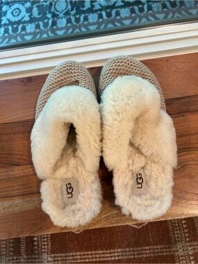 UGG Women's Knit Shearling-Lined Slippers in Tan and Cream